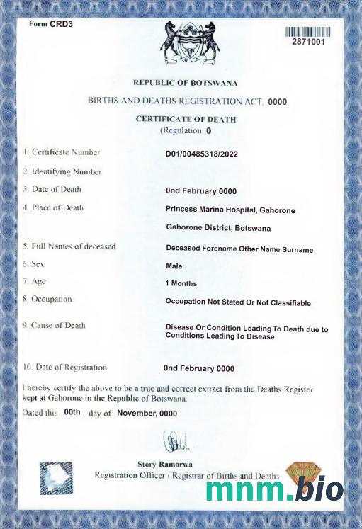 Botswana śmierć certyfikat szablon w formacie PSD
